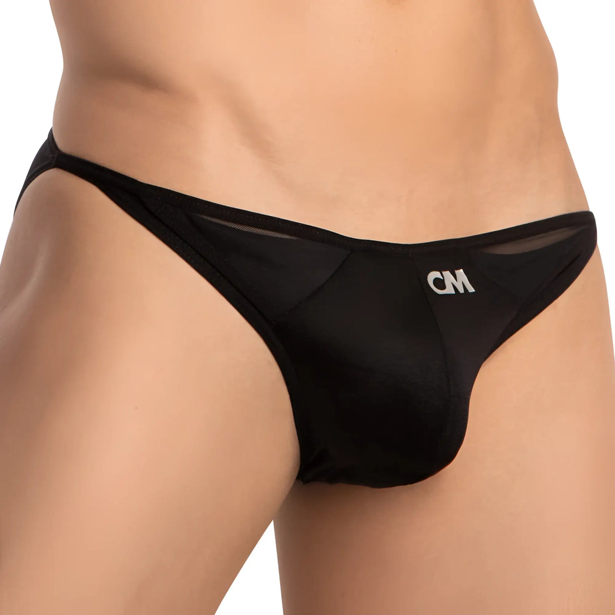 Black cm cover male cmi059 thong with sheer mesh panel and smooth fabric double-layer pouch bikini front view