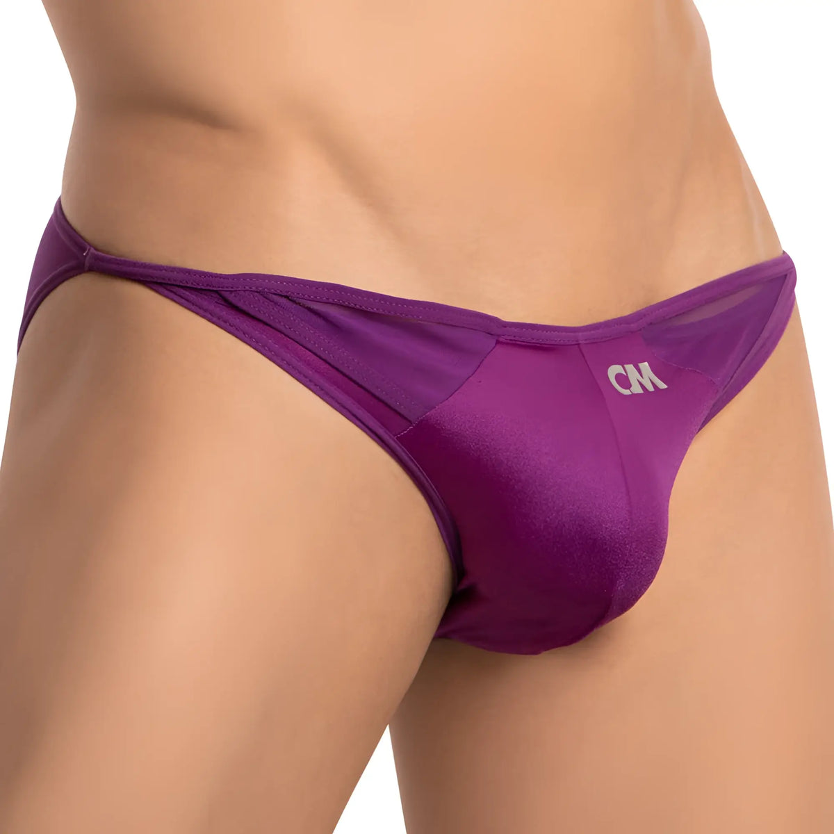 Purple satin-like fabric thong bikini with sheer mesh panel and white cm logo embroidery front cover male cmi059