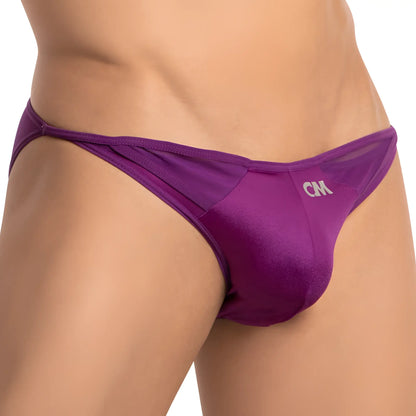 Purple satin-like fabric thong bikini with sheer mesh panel and white cm logo embroidery front cover male cmi059