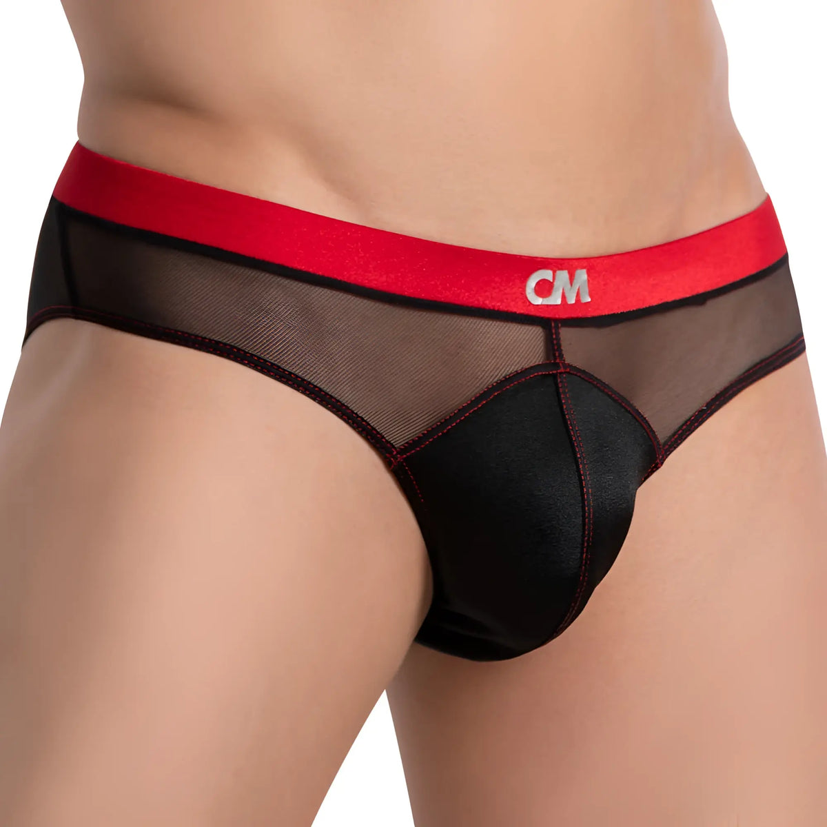 Black mesh cover male cmi062 half-naked back bikini briefs with bold red waistband and cm logo
