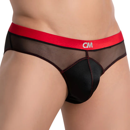 Black mesh cover male cmi062 half-naked back bikini briefs with bold red waistband and cm logo