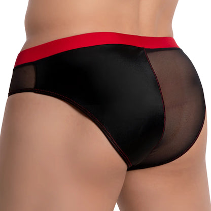 Black satin briefs with bold red waistband and mesh sides shown from the back cover male cmi062 half-naked back bikini