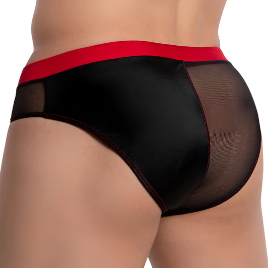 Black satin briefs with bold red waistband and mesh sides shown from the back cover male cmi062 half-naked back bikini