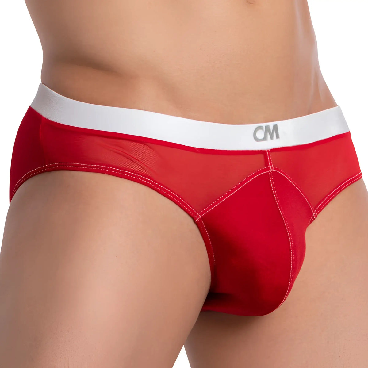 Red mesh briefs with white cm logo waistband shown from the back in cover male cmi062 half-naked back bikini style