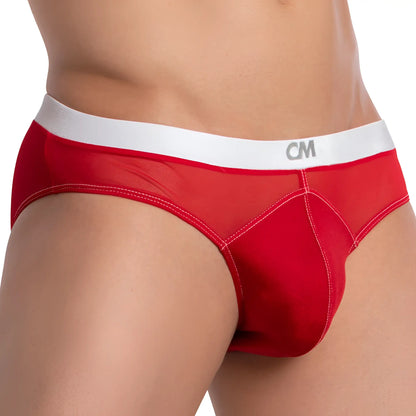 Red mesh briefs with white cm logo waistband shown from the back in cover male cmi062 half-naked back bikini style