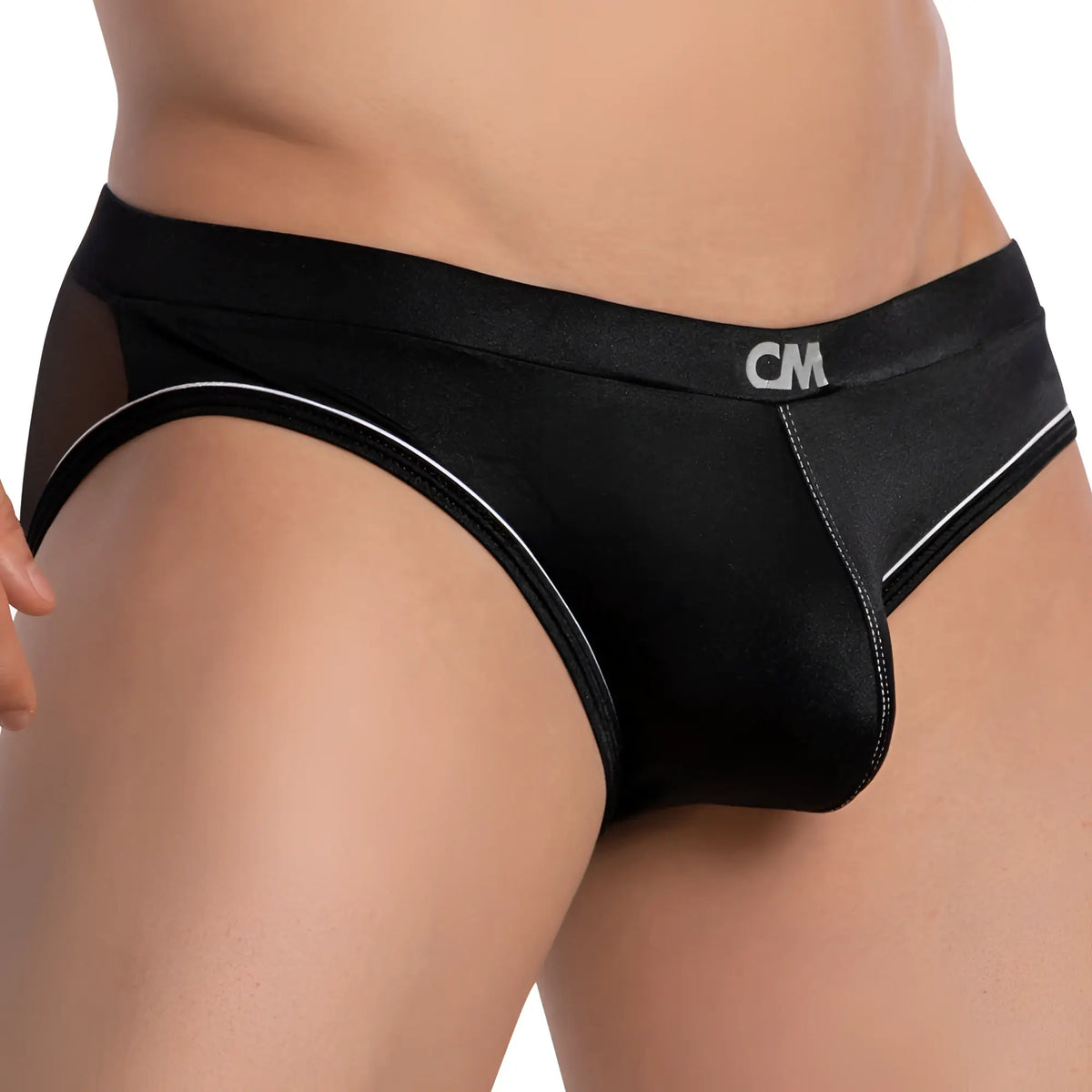 Black cover male cmi063 bulge pouch bikini briefs with sheer mesh panel and white stitching along edges