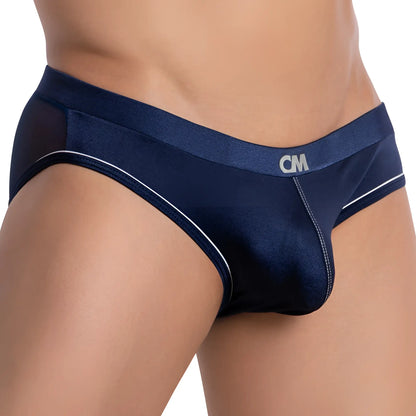 Navy blue cover male cmi063 bulge pouch bikini briefs with white stitching and subtle mesh side panel