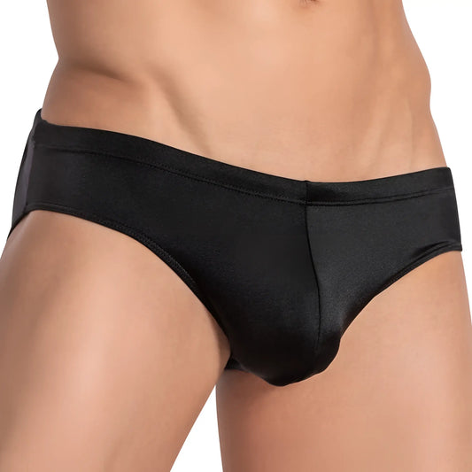 Black satin low rise sexy bikini briefs with smooth glossy finish and tailored fit by cover male cmi064