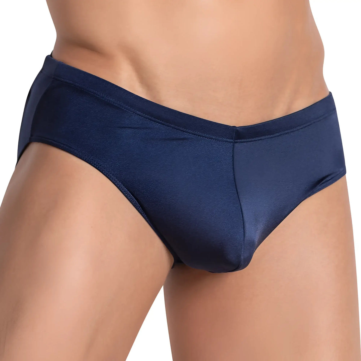 Navy blue satin low rise sexy bikini briefs by Cover Male CMI064 showing front side details