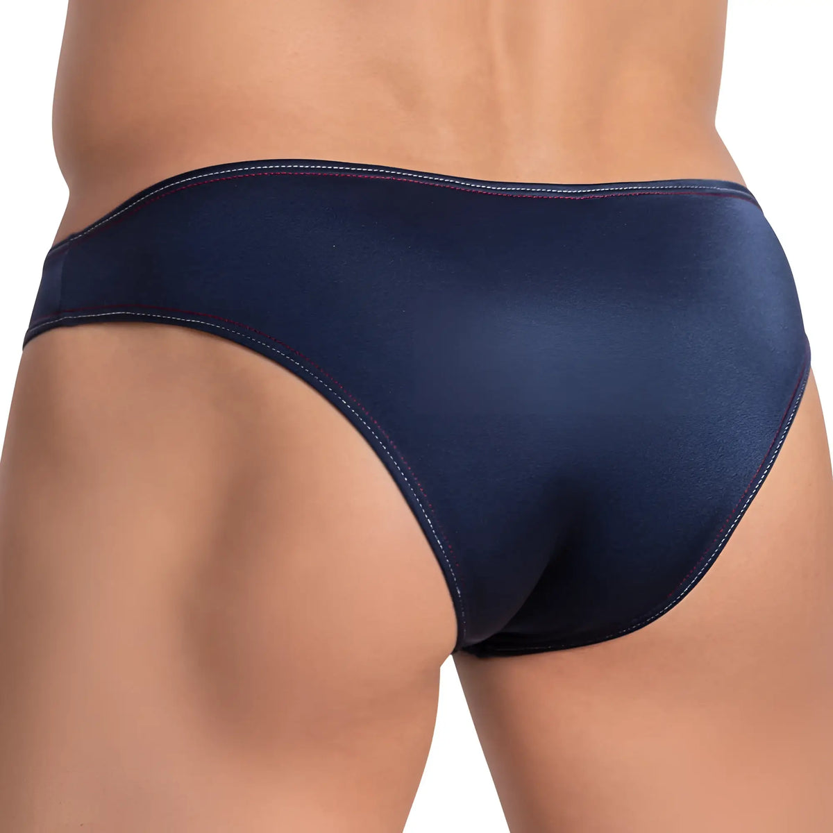 Navy blue satin briefs with red stitching breathable bulge pouch bikini by cover male for comfort and support