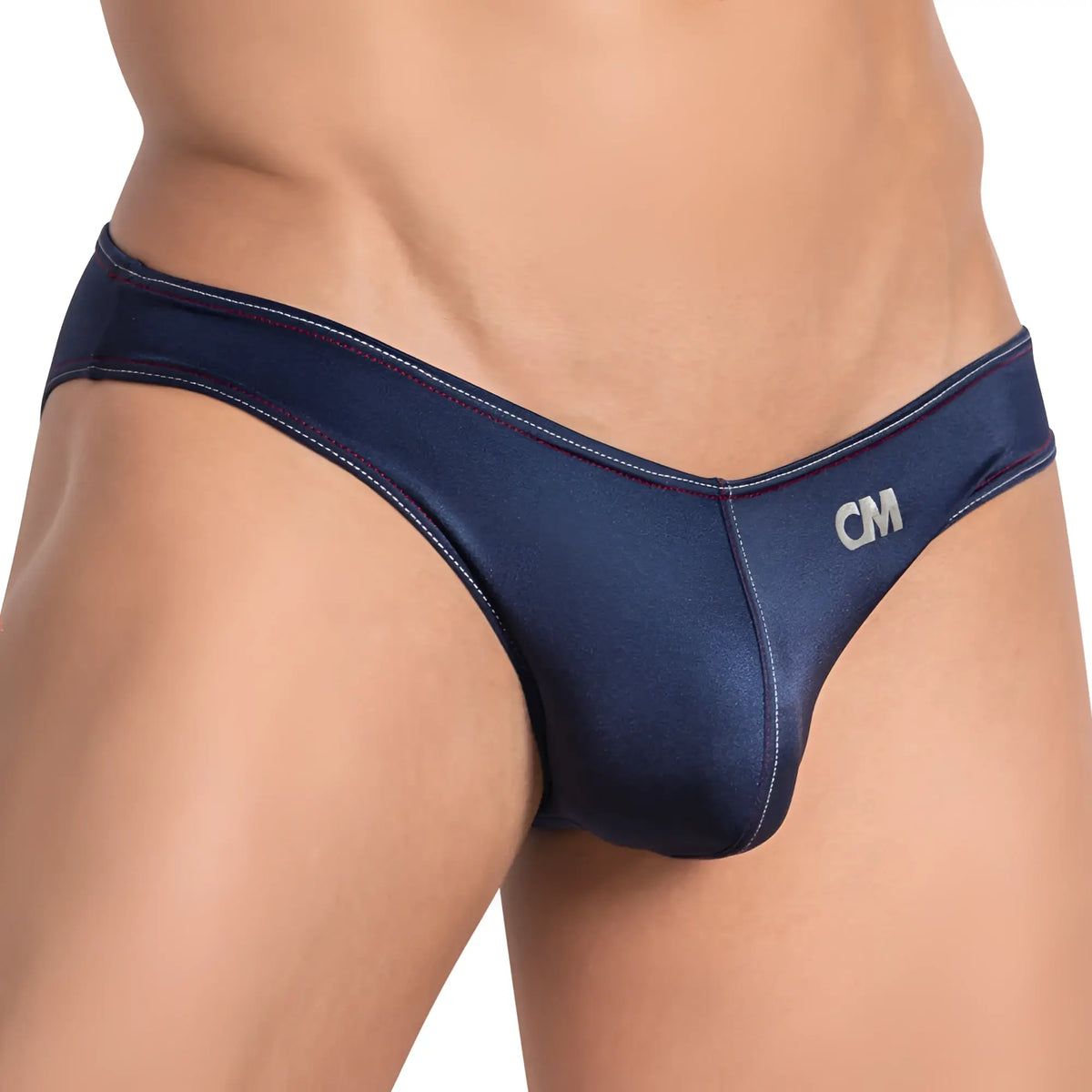 Navy blue satin briefs with red stitching and breathable bulge pouch featuring white cm logo on the hipband