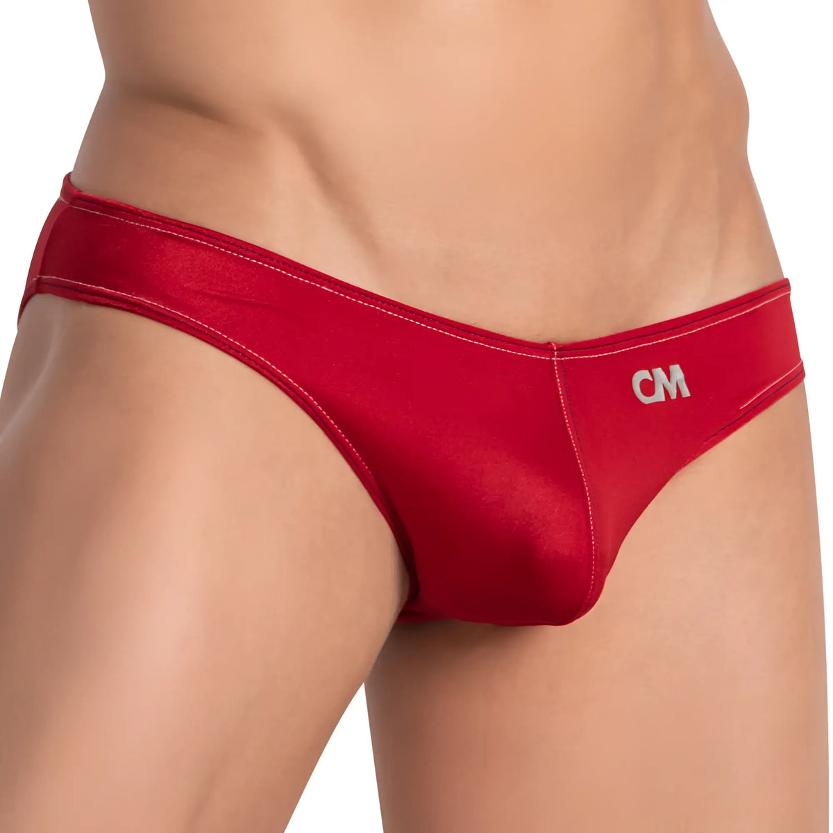 Red satin briefs with white stitching and cm logo on waistband breathable bulge pouch bikini by cover male