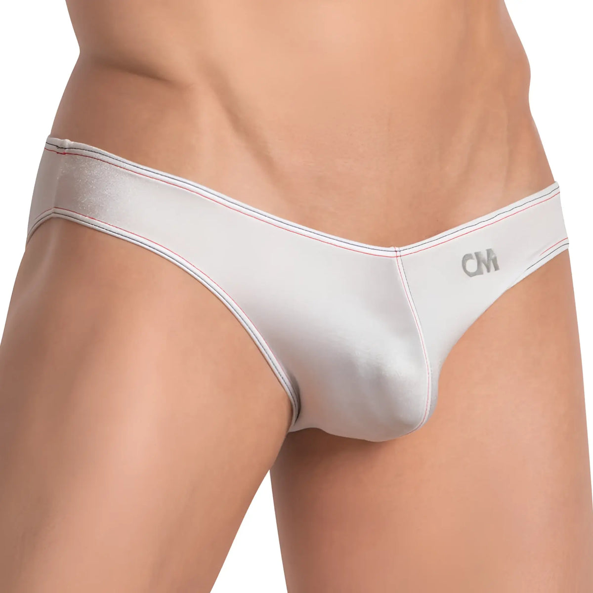 White satin breathable bulge pouch bikini briefs with red and blue trim and sleek cm logo on the hip