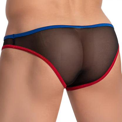 Cover male cmi066 color slash sheer bikini black mesh briefs with bold red and blue trim front view