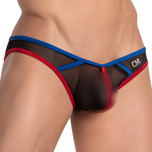 Black mesh thong with bold red and blue trim featuring sleek design and cm logo from cover male cmi066 color slash sheer