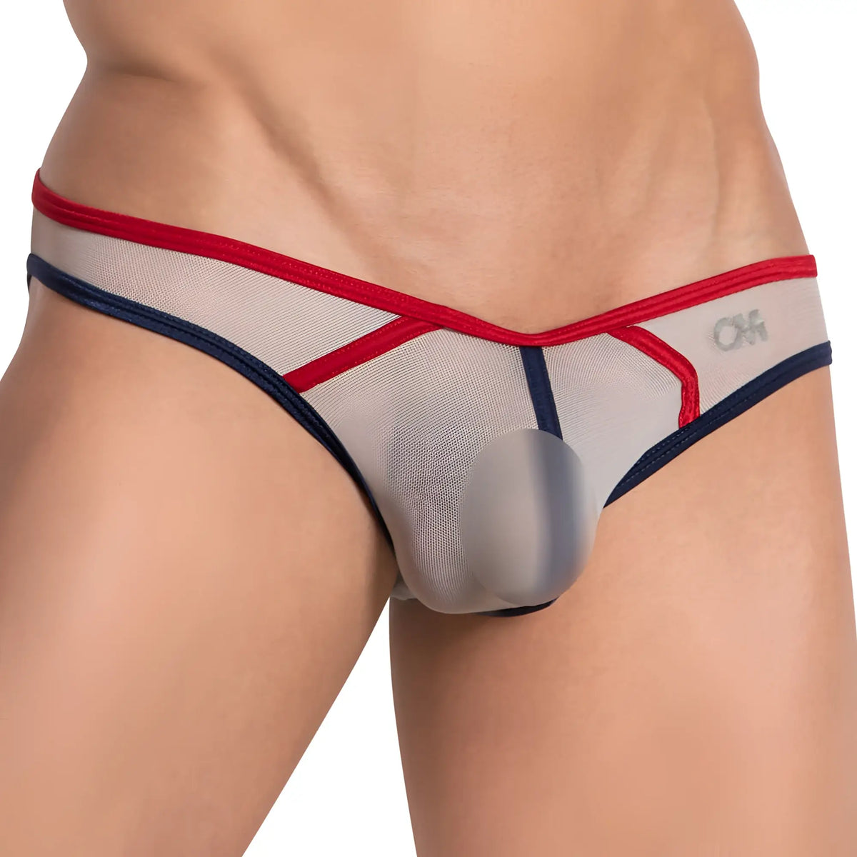 Transparent mesh Cover Male CMI066 Color Slash sheer bikini briefs with red and navy blue trim and subtle ok logo on side