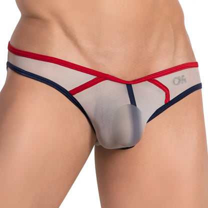 Transparent mesh Cover Male CMI066 Color Slash sheer bikini briefs with red and navy blue trim and subtle ok logo on side