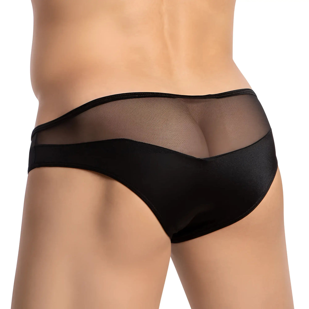 Cover male cmi067 bikini brief in black mesh and satin with sleek modern design shown from the front