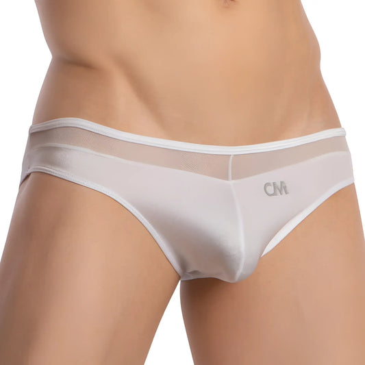 White mesh briefs with subtle cm logo on the front from cover male cmi067 bikini brief collection