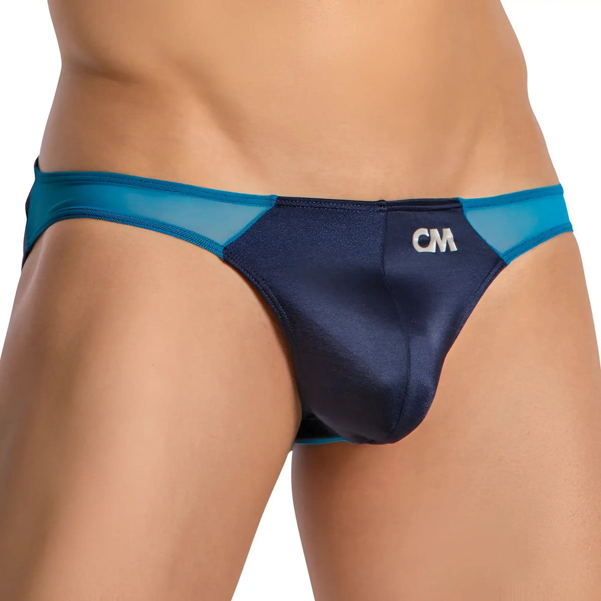 Cover Male CMI069 mesh sides bikini menâ€™s briefs in navy blue and teal with mesh trim and satin-like finish
