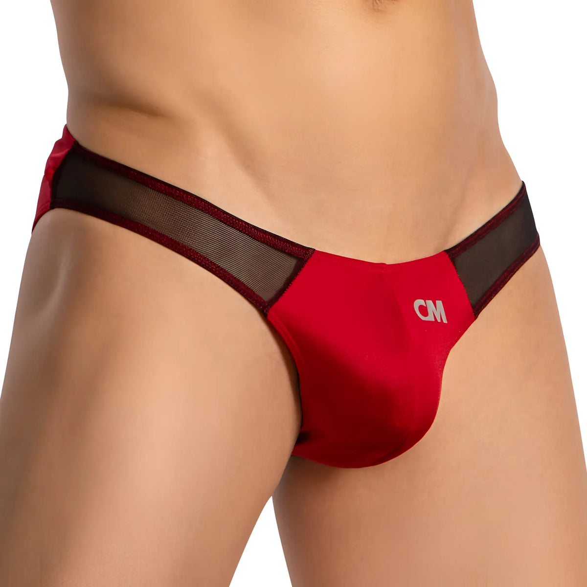 Red and black mesh trimmed menâ€™s briefs with white cm logo front in cover male cmi069 mesh sides bikini style
