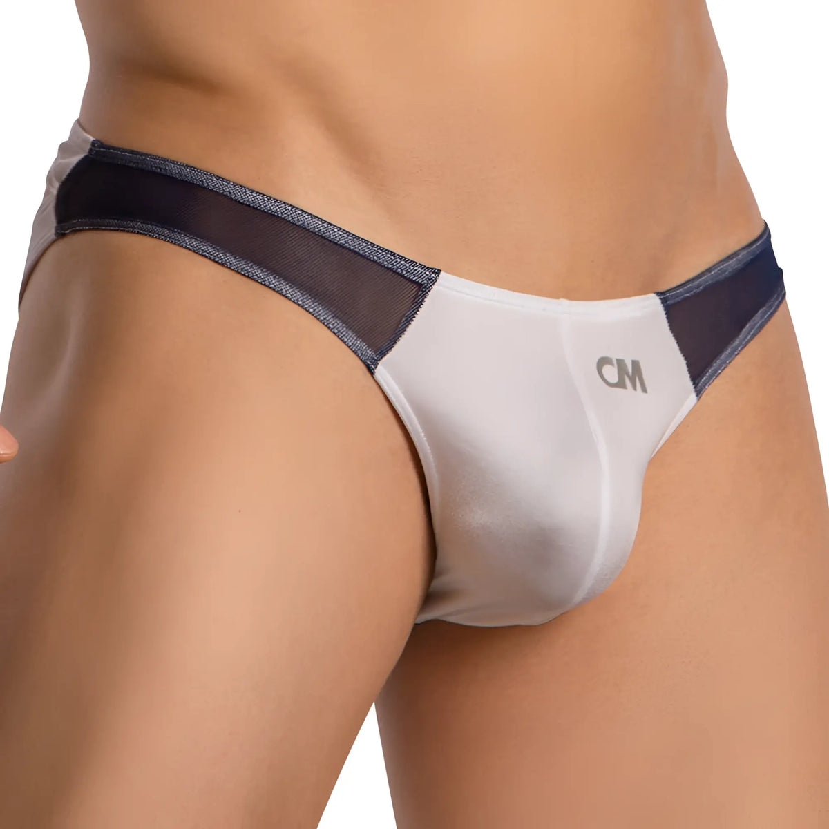 White and navy blue mesh sides bikini briefs with subtle cm logo by cover male designed for comfortable wear