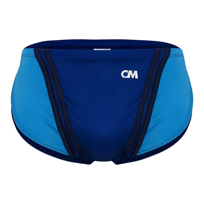 Blue and navy cover male CMI072 bikini swim trunks with black side stripes and white cm logo on the front