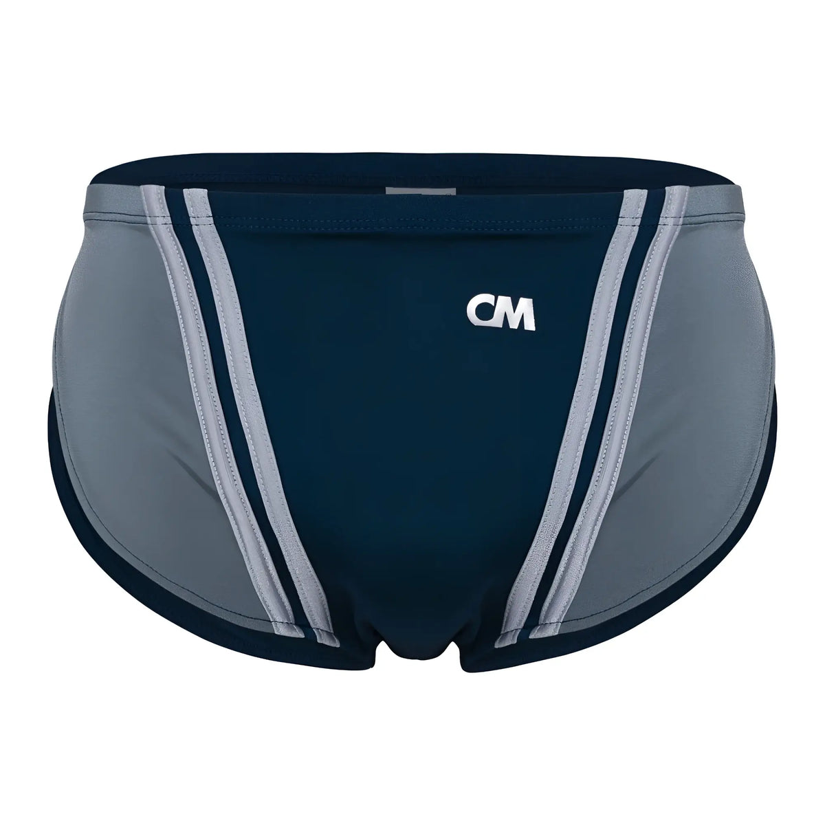 Dark blue and gray Cover Male CMI072 bikini swim trunks with white cm logo on front for beach and pool use