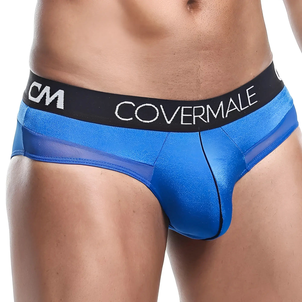 Blue shimmering cover male cmj025 menâ€™s briefs with black waistband and white brand name lettering