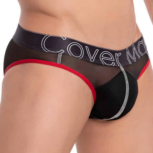 Cover male cmj027 bikini brief in black mesh with red trim and white cover m logo on waistband