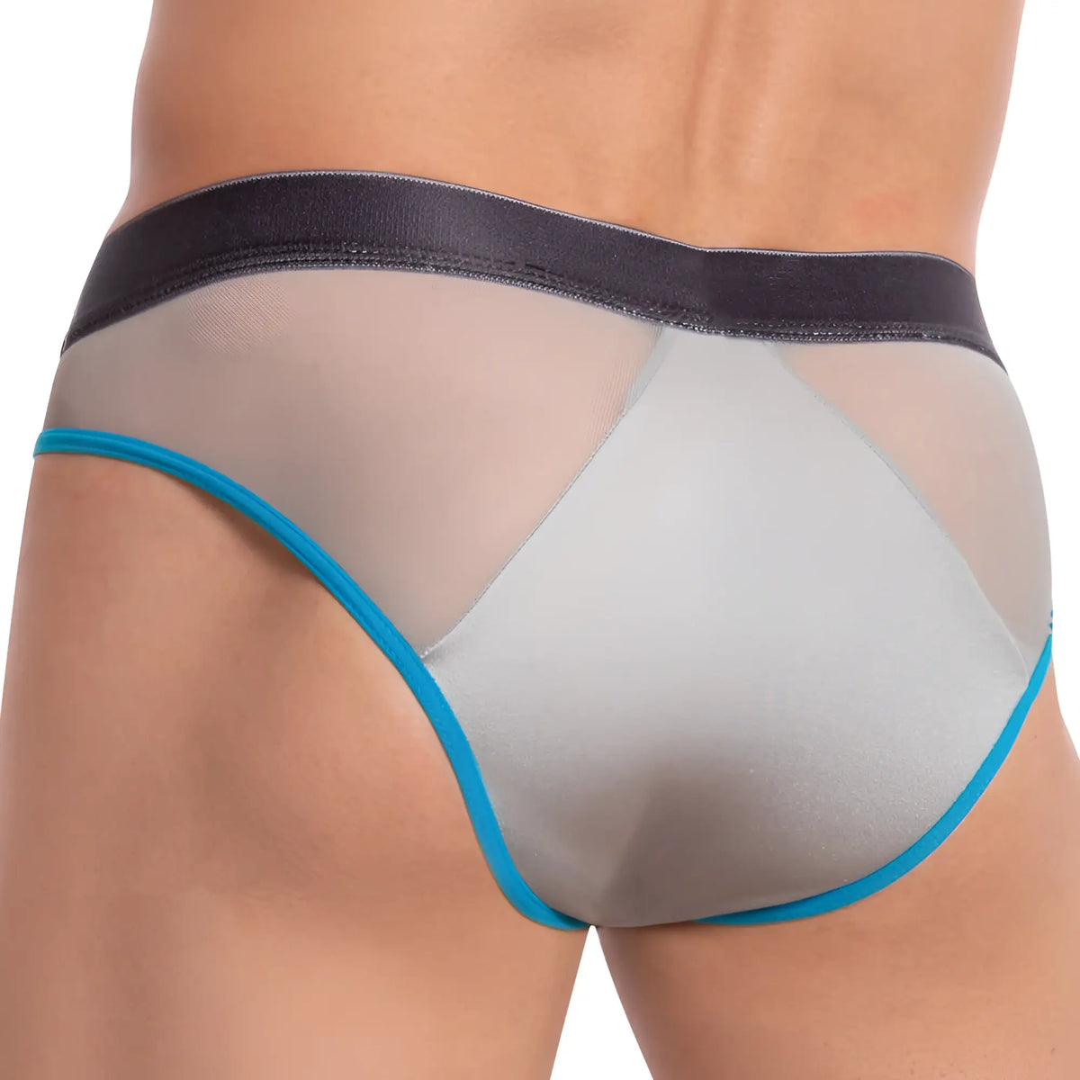 Gray mesh bikini briefs with black waistband and bright blue trim by cover male cmj027 front view