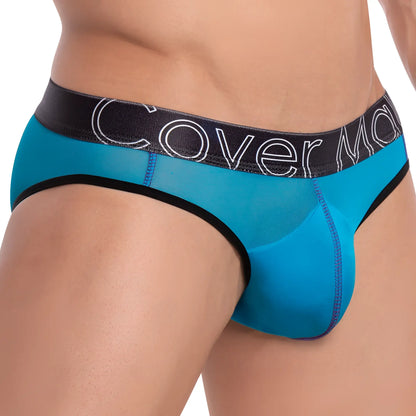 Turquoise blue mesh Cover Male CMJ027 bikini briefs with black elastic waistband featuring white cover m branding