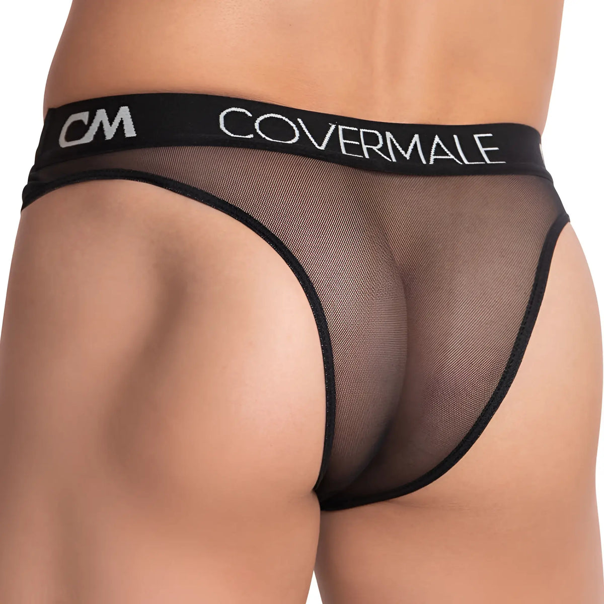 Black sheer mesh cover male cmj030 bikini briefs with elastic waistband featuring white covermale branding