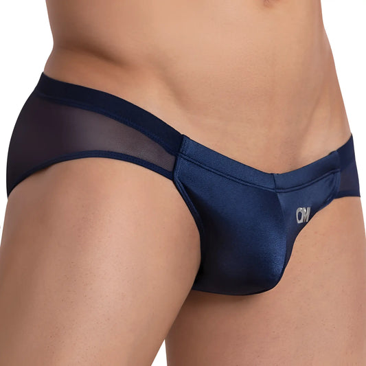Cover male CMJ033 bikini brief in navy blue satin with sheer mesh side panels and a small cm logo on the front