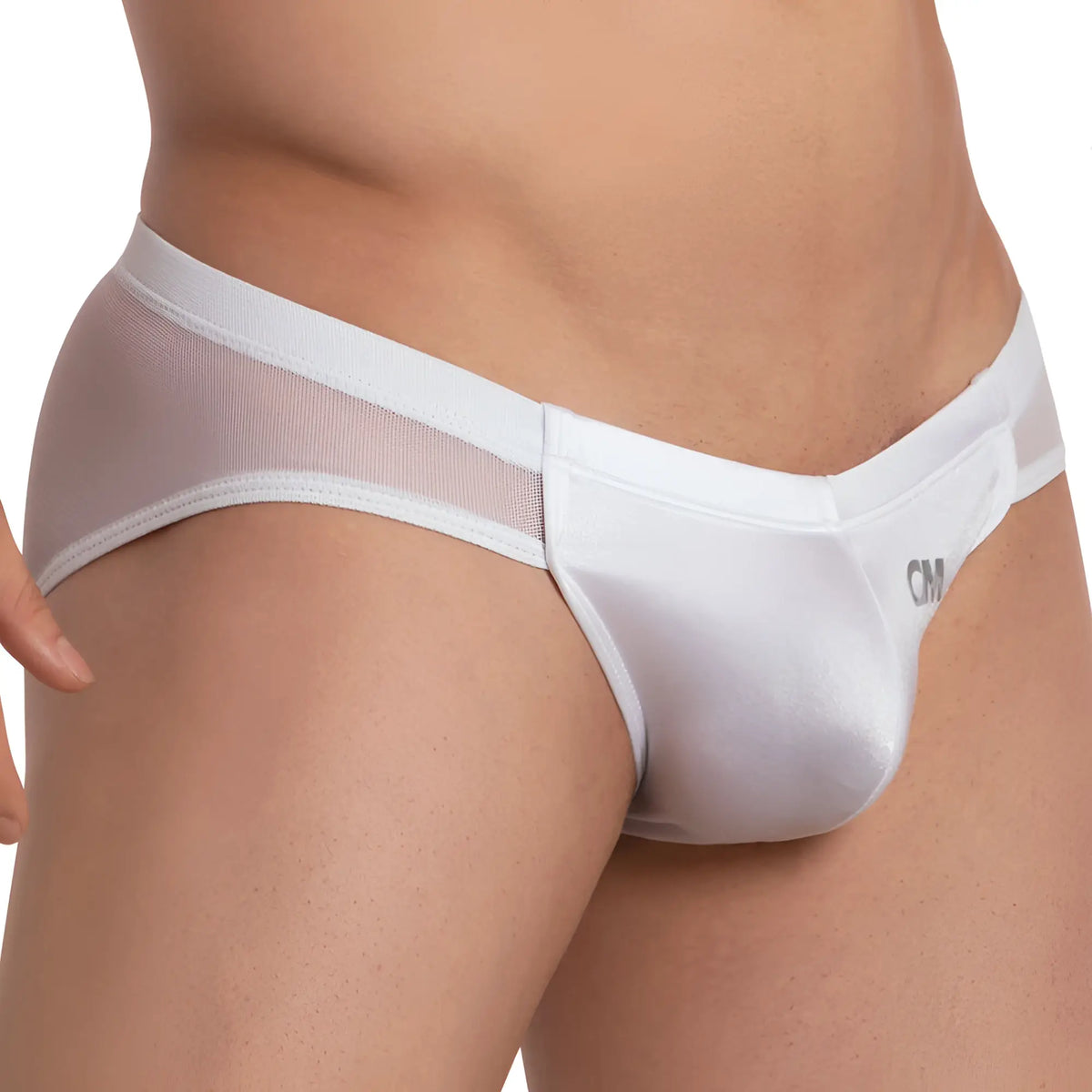 Cover male cmj033 bikini brief in white mesh and solid fabric with subtle cm logo on the side