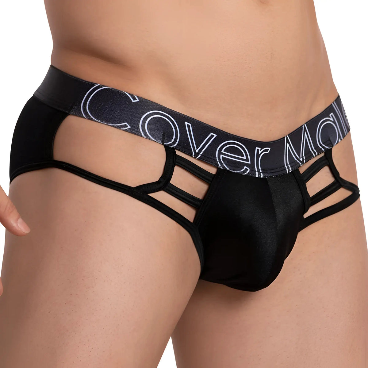 Black lace-trimmed menâ€™s briefs with bold cover m logo on waistband from cover male sleepless brief collection
