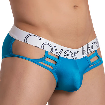 Bright blue satin-like cover male cmj034 sleepless brief with white elastic waistband and cover m logo