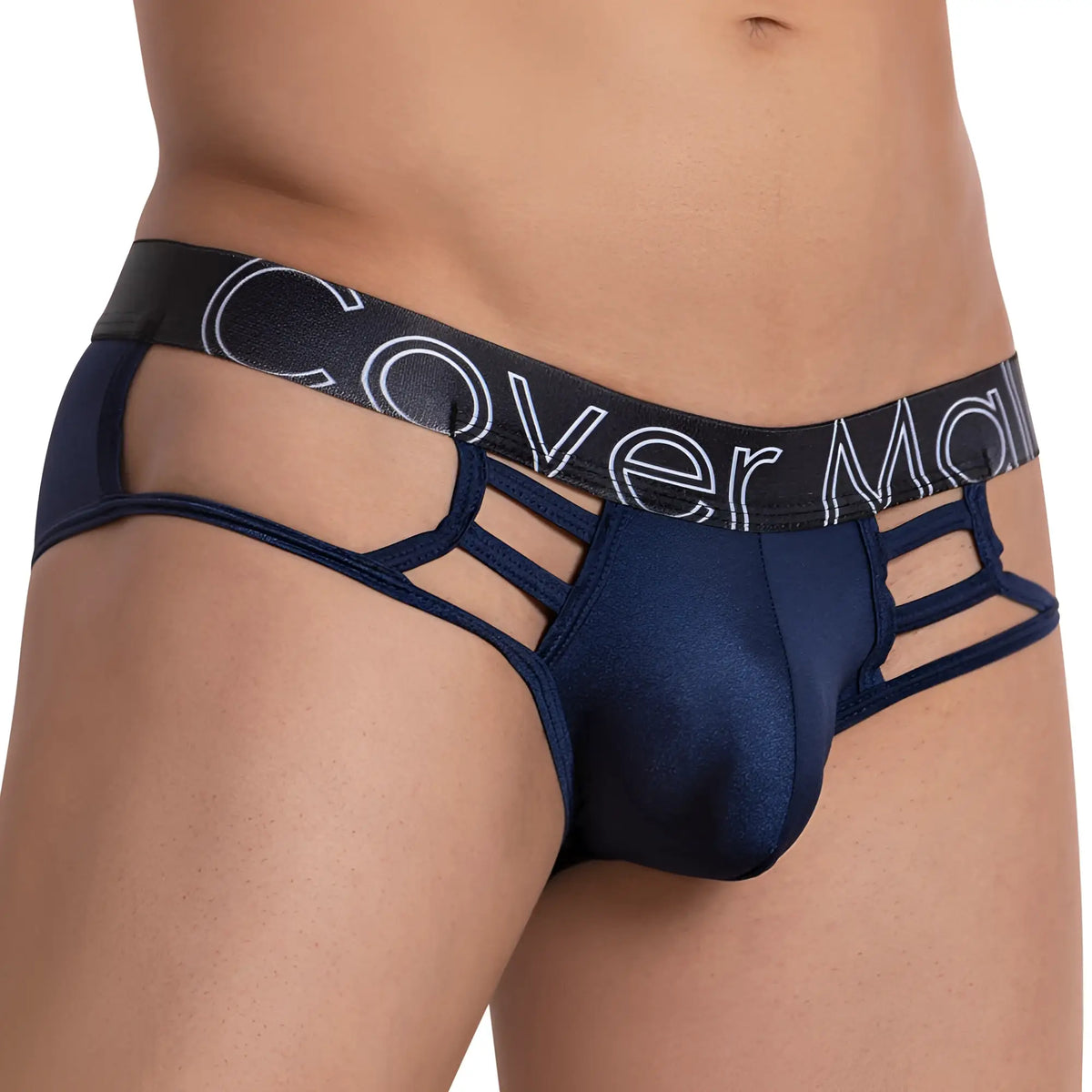 Navy blue lace-up briefs with black waistband and white cover m branding from Cover Male CMJ034 Sleepless Brief collection