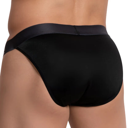 Black satin-trimmed Cover Male CMJ035 brief with smooth, form-fitting design in black color