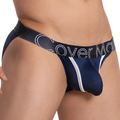 Navy blue and white cover male cmj035 athletic-cut briefs with black waistband featuring cover man logo in outlined lettering