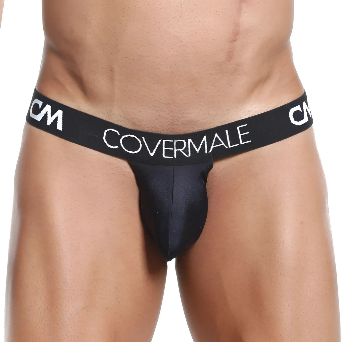 Black satin-like covermale cmk018 thong with white logo detailing showing front view of jockstrap design