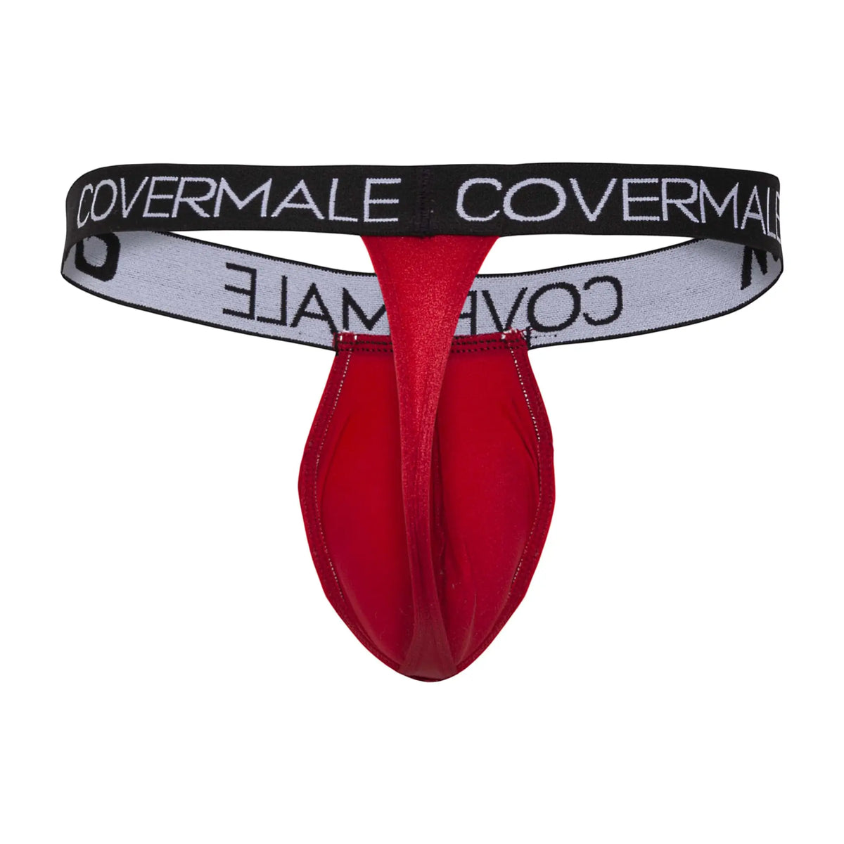 Red satin-like fabric thong with black and gray elastic waistband featuring cover male branding front view
