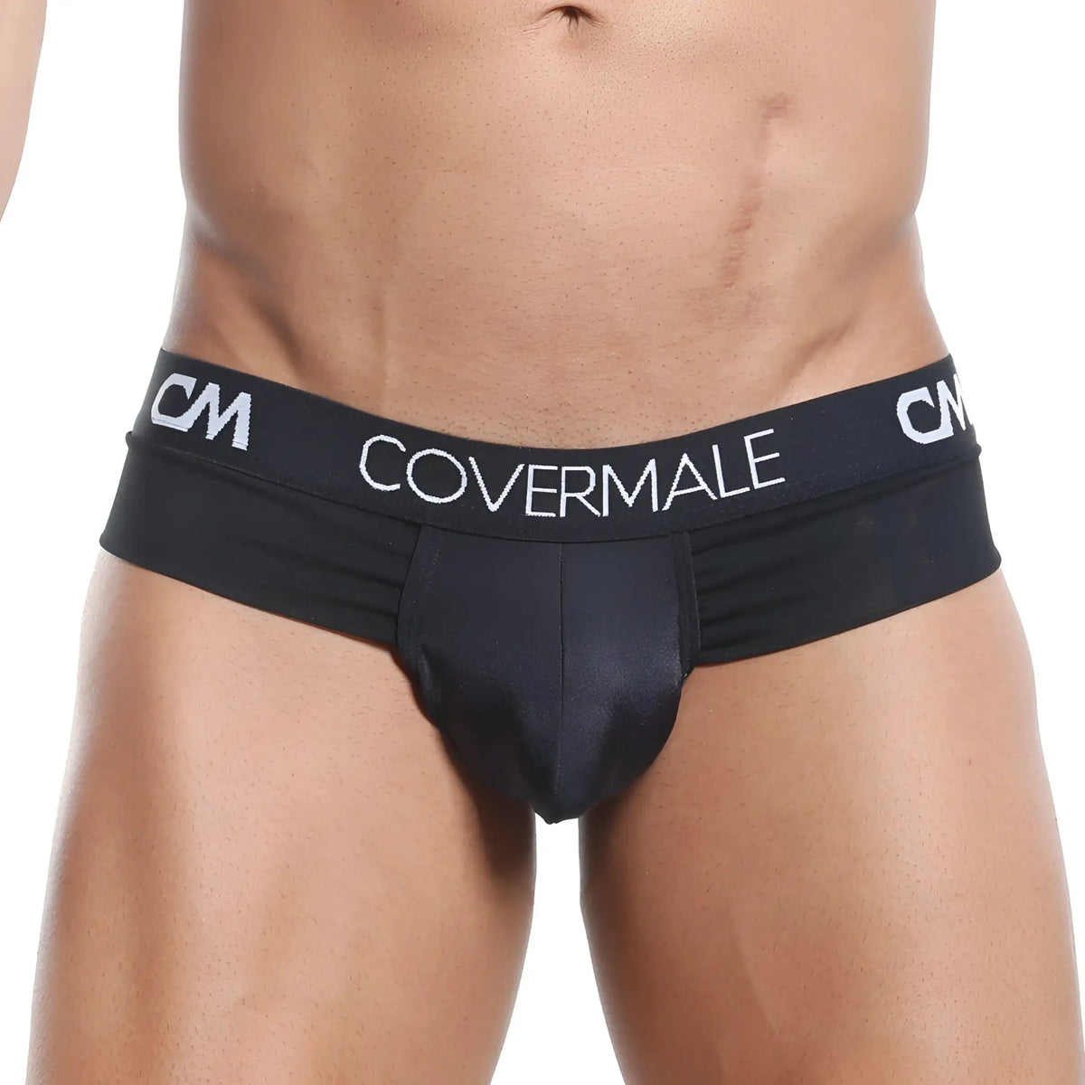 Black cover male cmk019 slip thong briefs with smooth form-fitting design and white logo waistband detailing