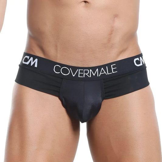 Black cover male cmk019 slip thong briefs with smooth form-fitting design and white logo waistband detailing