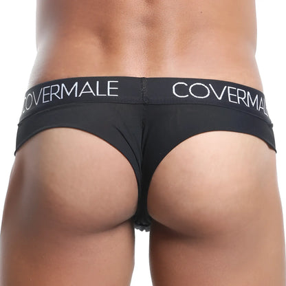 Black cover male cmk019 slip thong briefs with a snug form fitting design and white logo text on the waistband