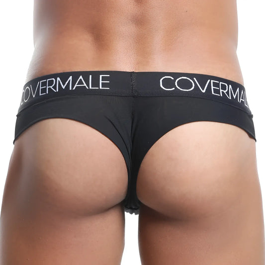 Black cover male cmk019 slip thong briefs with a snug form fitting design and white logo text on the waistband