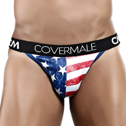 Cover male cmk022 usa slip thong menâ€™s briefs with american flag pattern and black waistband with covermale logo