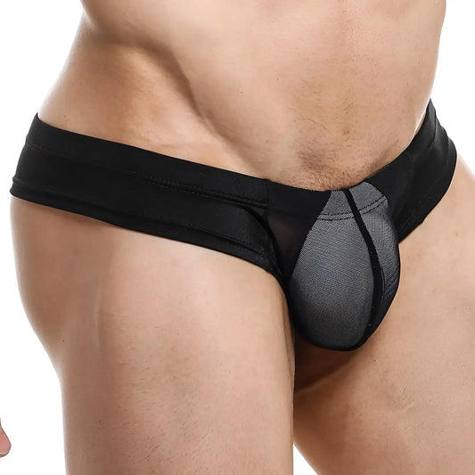 Cover male cmk040 black thong underwear with sheer mesh panel front view for men