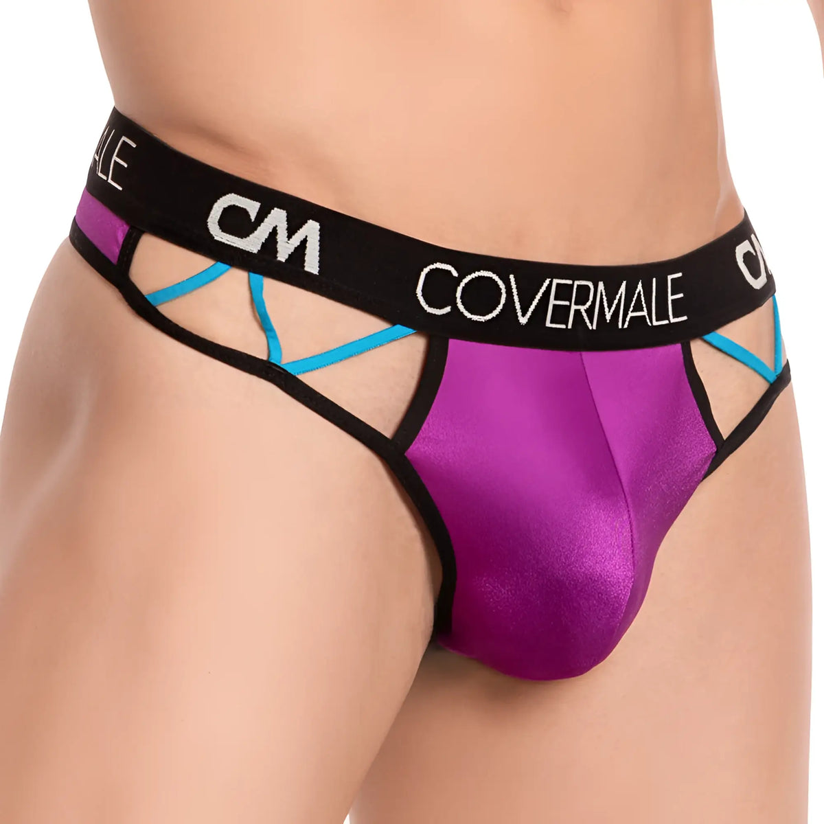 Purple satin briefs with black and turquoise trim and branded waistband from cover male cmk054 thong