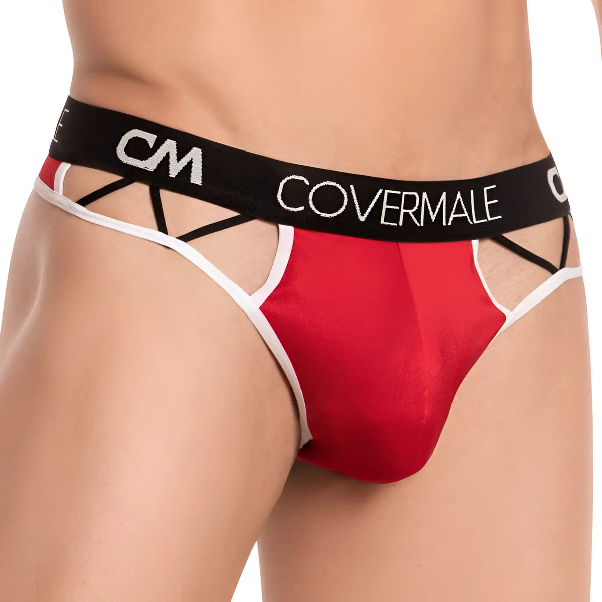 Cover male cmk054 thong red and white lace trimmed menâ€™s briefs with black elastic waistband and covermale branding